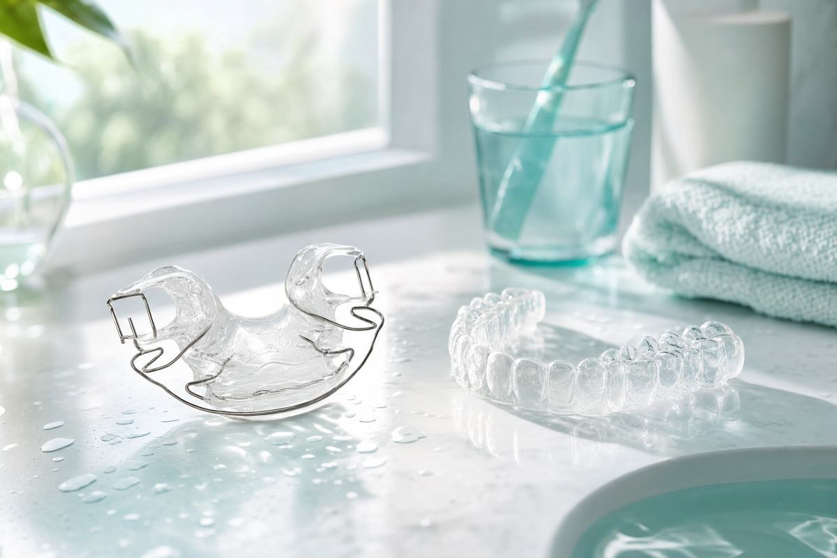 Clear retainer and aligner on a bright bathroom countertop