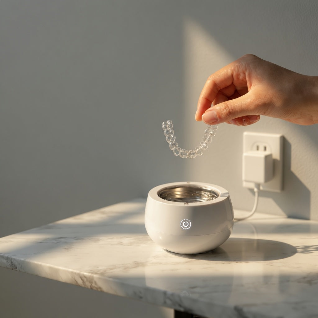 Hand holding a  dental aligner 