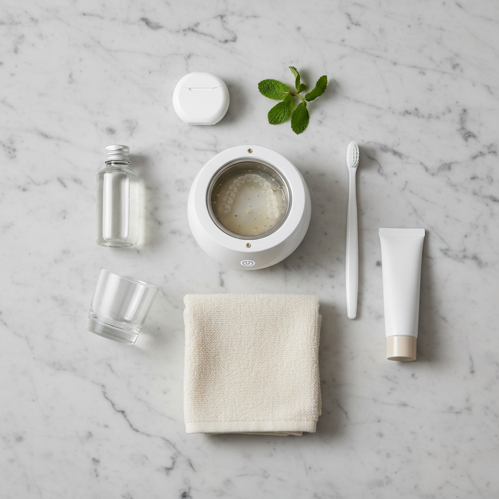 Collection of bathroom items including a toothbrush, towel, SonicPro Dental Pod